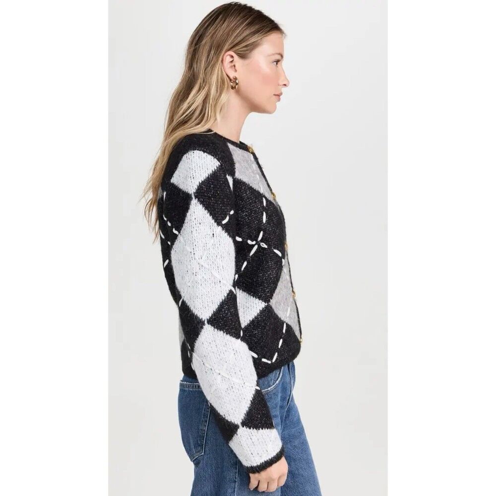 English Factory Argyle Cardigan Women S Heavyweight Cross Stitch Knit Black Gray - Picture 11 of 13
